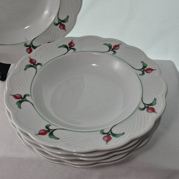 Dansk Rosebud Soup Bowls 9" scallop textured large rim floral romantic set/6 - Picture 3 of 11